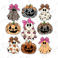 nine Halloween-themed ghost characters, each with unique designs and colors. The ghost characters are arranged in a 3x3 grid, with each row containing one ghost and one pumpkin. The Halloween pumpkins are depicted in various sizes and colors, creating a festive and spooky atmosphere.