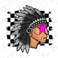 a stylized illustration of a Native American headdress with a pink star on the forehead.