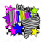The image is a colorful and vibrant collage featuring a tornadoes, stars, and text.