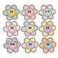 a bunch of flowers with smiley faces on them