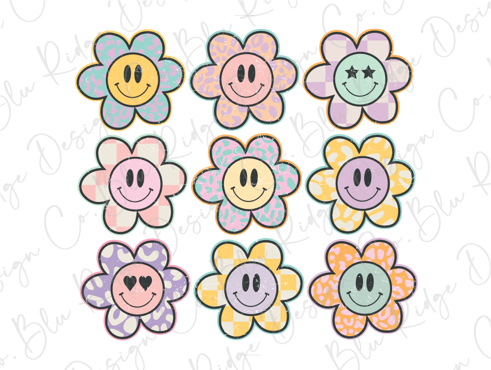 a bunch of flowers with smiley faces on them