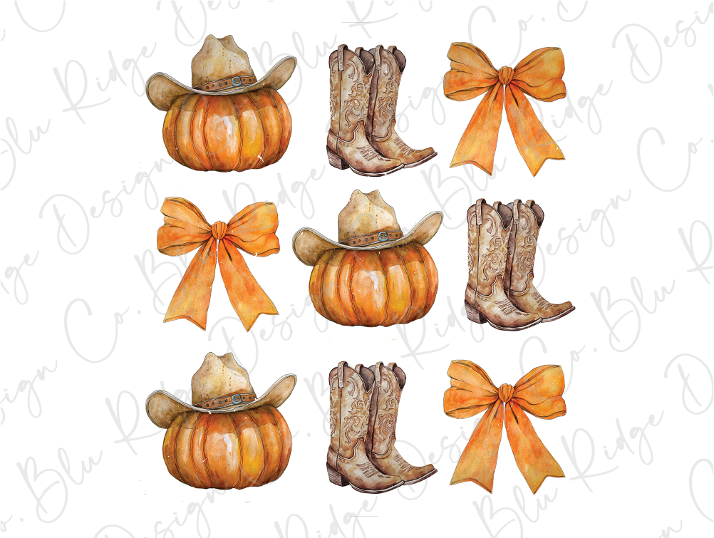 a watercolor painting of pumpkins and cowboy boots