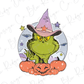 a green monster with a witches hat and pumpkins