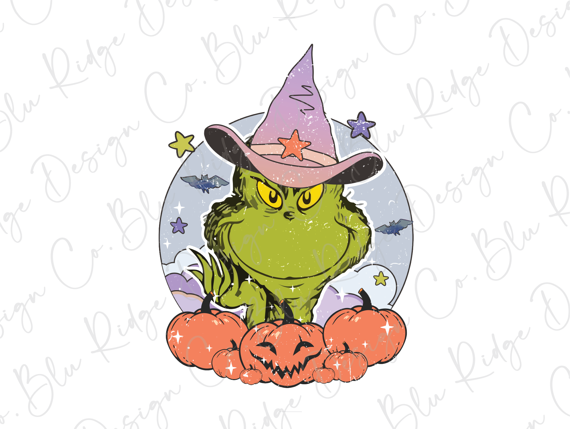 a green monster with a witches hat and pumpkins