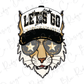 A stylized illustration of a cat wearing sunglasses with the text "LET'S GO" on a hat.