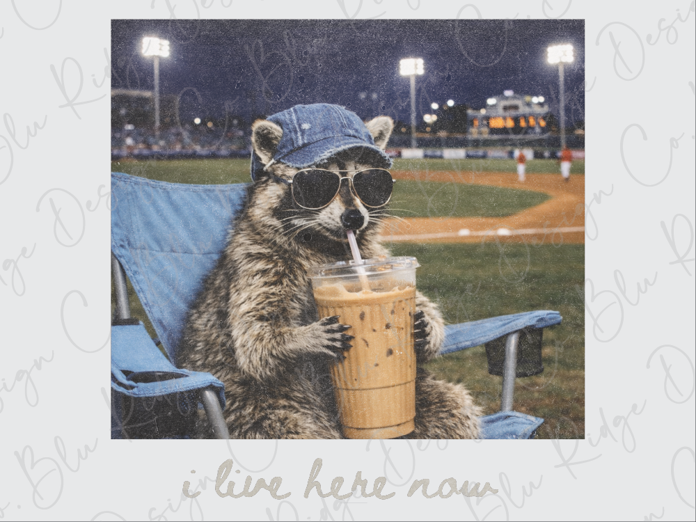A raccoon wearing sunglasses and a baseball cap is sitting in a blue lawn chair, holding a drink in a plastic cup.