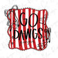 A graphic design featuring the text "GO DAWGS" in bold, black letters against a background of red and white stripes with decorative elements such as stars and bows.
