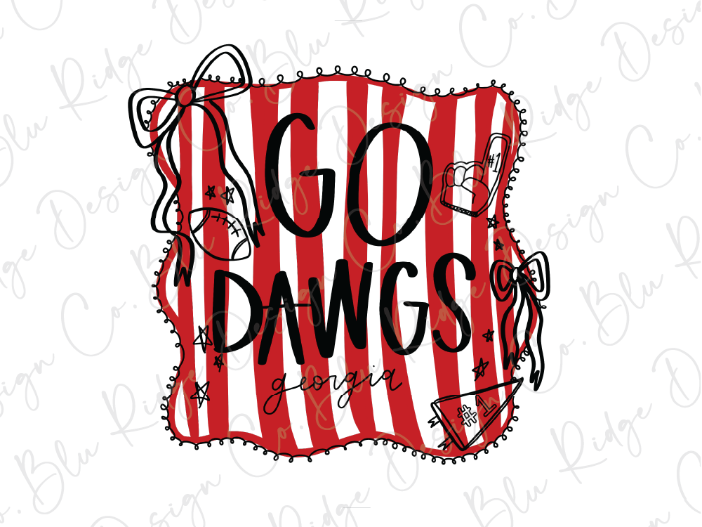 A graphic design featuring the text "GO DAWGS" in bold, black letters against a background of red and white stripes with decorative elements such as stars and bows.