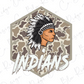 a Native American headdress with the word "INDIANS" written below it, set against a camouflage pattern.