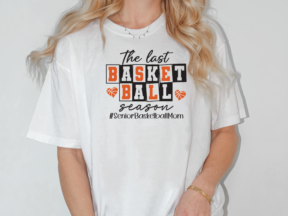 a woman wearing a white t - shirt that says the last basket ball season