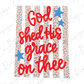 a text that reads "God shed his grace on thee" with three blue stars surrounding the text.