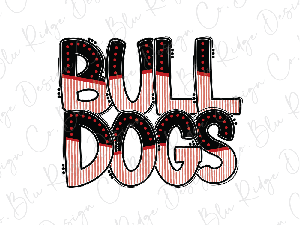 the word "Bull Dogs" in a stylized, decorative font with red and black colors.