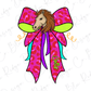 A colorful illustration of a horse's head wearing a pink bow with a leopard print pattern.