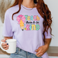 a woman holding a coffee cup and wearing a t - shirt that says teach them