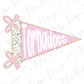 A pink triangular flag with the word "Tornadoes" written on it, along with two pink bows.