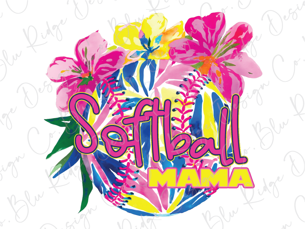 the word softball mama surrounded by flowers and leaves