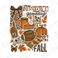 The image is a collage of various fall-themed items, including a football, pumpkin, leopard print, and a cup of coffee, along with the text "TOUCHDOWN game day FALL".
