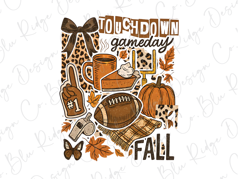 The image is a collage of various fall-themed items, including a football, pumpkin, leopard print, and a cup of coffee, along with the text "TOUCHDOWN game day FALL".