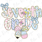 the words seventh grade are decorated with flowers and bows