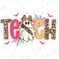 A stylized image featuring the word "TEACH" with a ghost-like figure holding a pencil, surrounded by leopard print elements and bats.