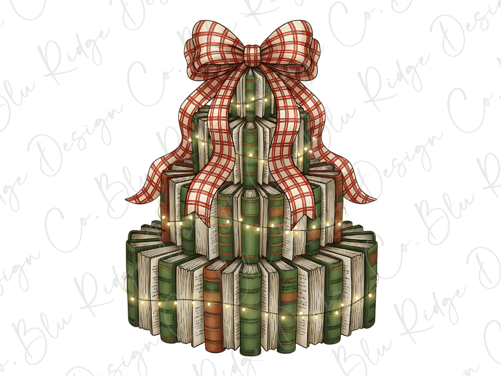 A Christmas tree made of stacked books, adorned with a red and white checkered bow and twinkling lights.