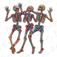 three skeletons in a row with their arms in the air