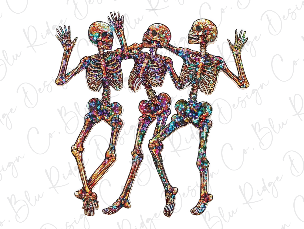 three skeletons in a row with their arms in the air