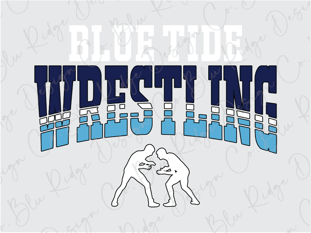 a blue and white wrestling t - shirt with the words blue tide wrestling