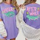 two women wearing purple t-shirts with a graphic of a green alligator and the text "LATER" and "AFTER WHILE" printed on them.
