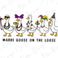 A group of five cartoon ducks wearing Mardi Gras-themed accessories, including masks, beads, and hats, standing together and holding a banner that says "MARDI GOOSE ON THE LOOSE".