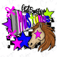A colorful and stylized graphic design featuring a stylized horse head, stars, and text.