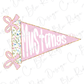 A pink triangular flag with the word "Mustangs" written on it, along with two pink bows.