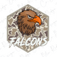 a stylized eagle head with a camouflage pattern, accompanied by the word "FALCONS" written below it.