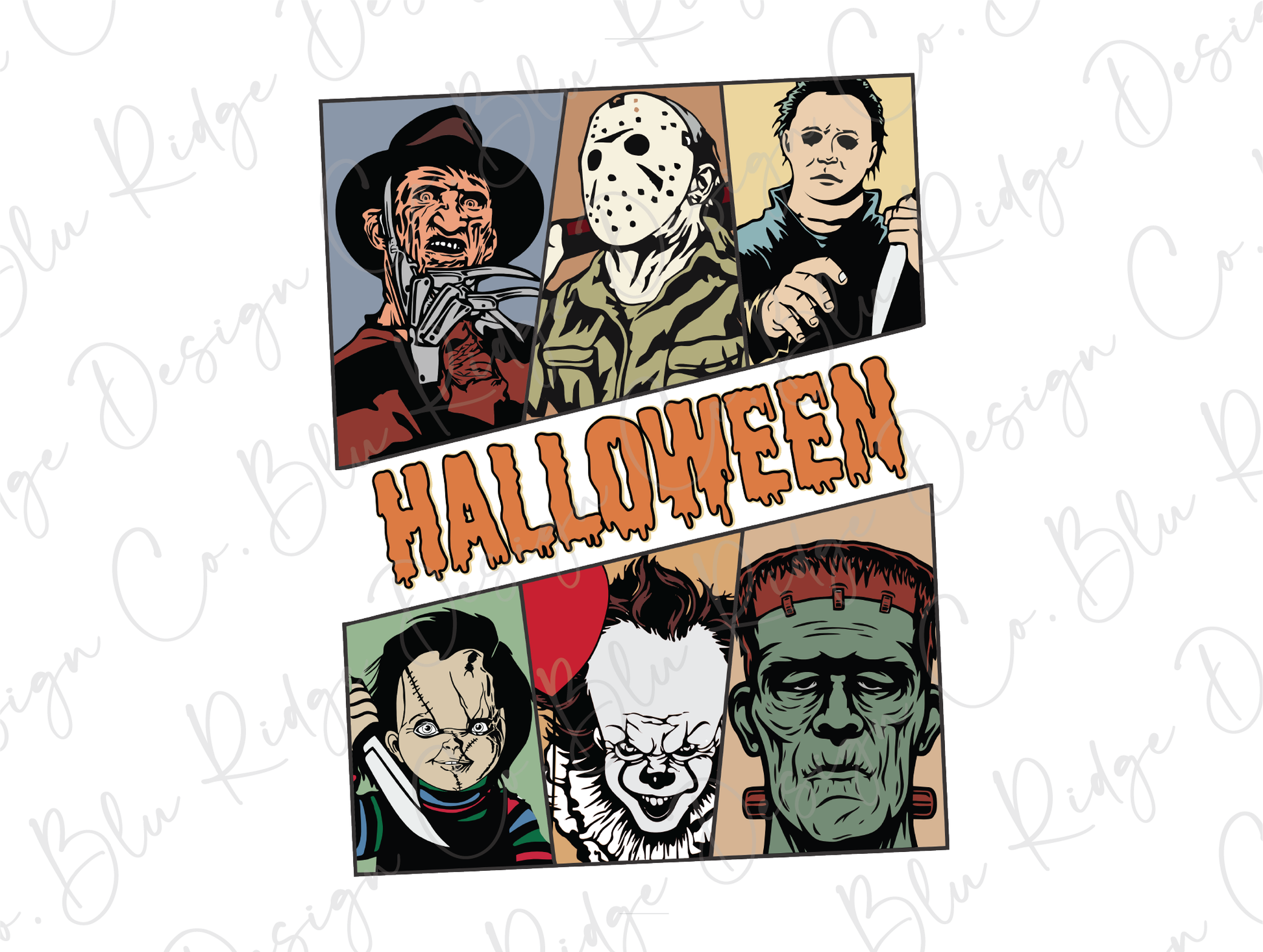 a group of halloween characters on a white background