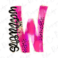 a large pink letter "W" with black polka dots and a stylized, abstract design around it.
