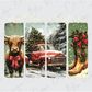 a christmas card with a red truck and a cow