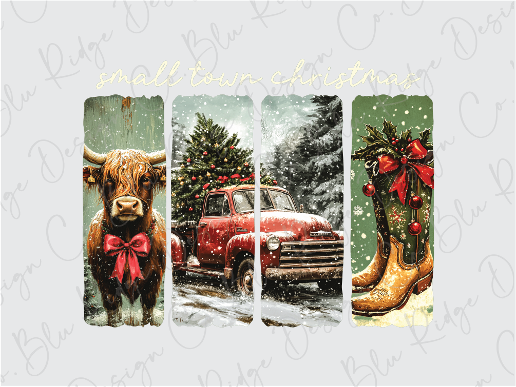 a christmas card with a red truck and a cow