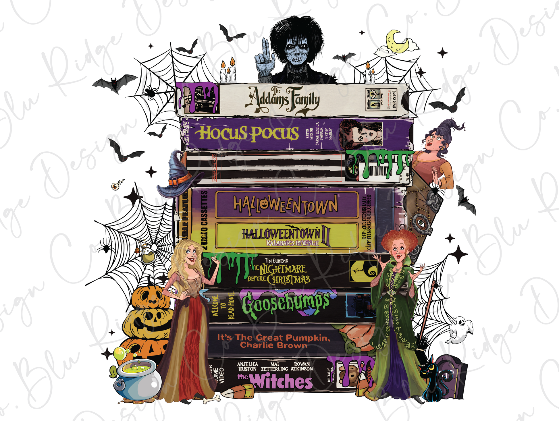 a stack of halloween books with witches on top