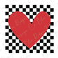 a red heart on a black and white checkered background