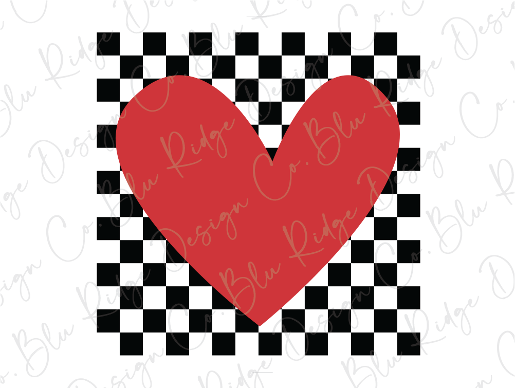 a red heart on a black and white checkered background