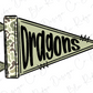 A flag with the word "Dragons" written on it in a stylized font.