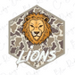 A stylized illustration of a lion's head in a camouflage pattern, with the word "LIONS" written below it.
