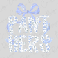 the word "PANThers" written in a stylized, floral-patterned font, with a large blue bow above the text.