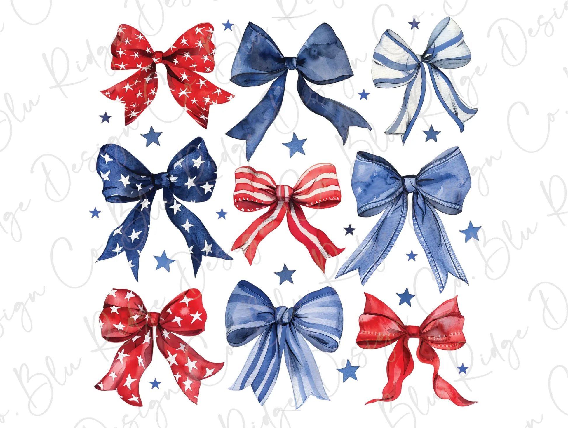 a collection of red, white and blue bows