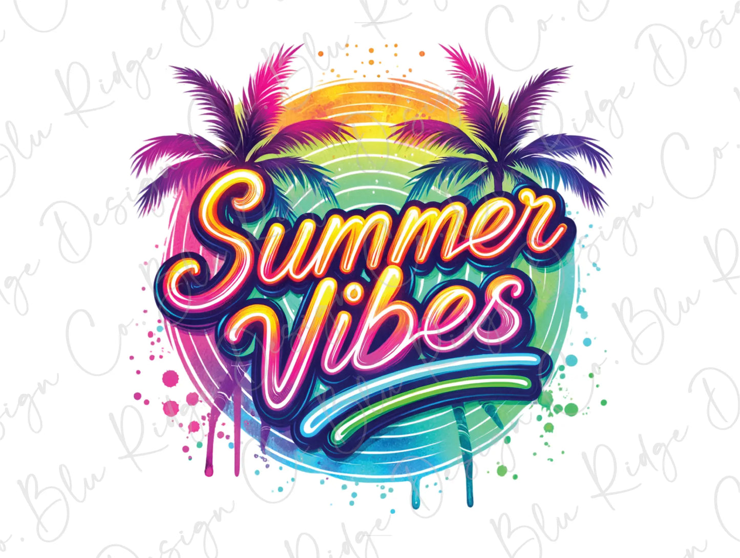 the words summer vibes are painted in bright colors