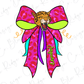 A stylized illustration of a leopard's head wearing a pink bow with a green and yellow pattern.