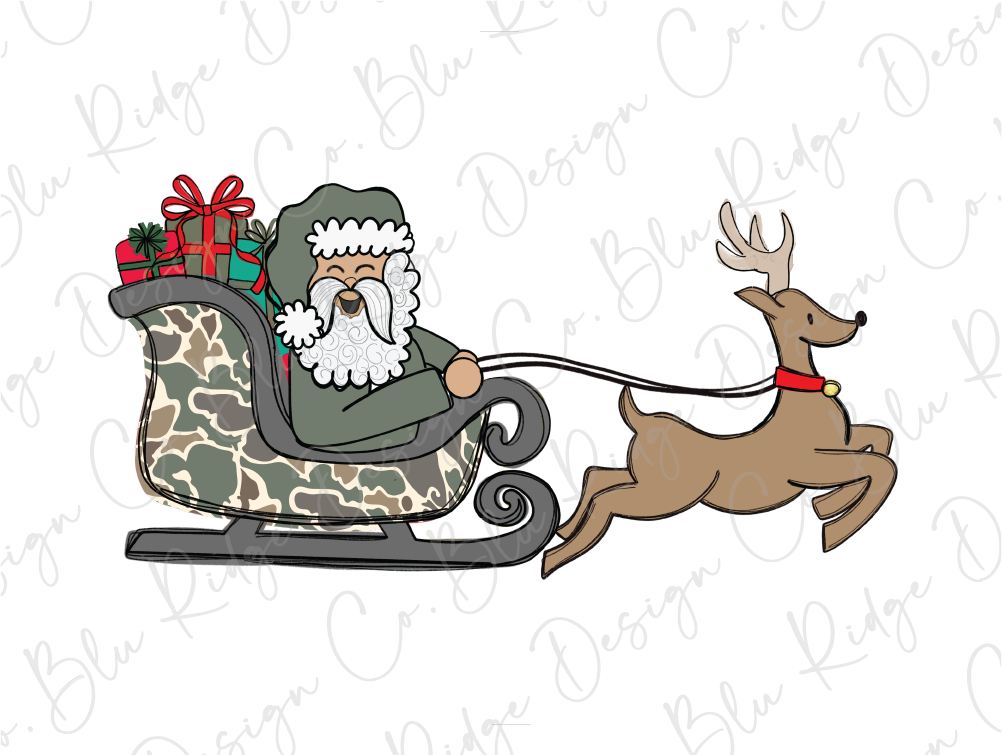 a santa claus riding in a sleigh with a reindeer