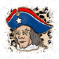 A cartoon-style illustration of a man wearing a patriotic hat with a star and stripes, surrounded by a patterned background.