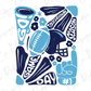 a blue and white sticker with a football and other sports related items