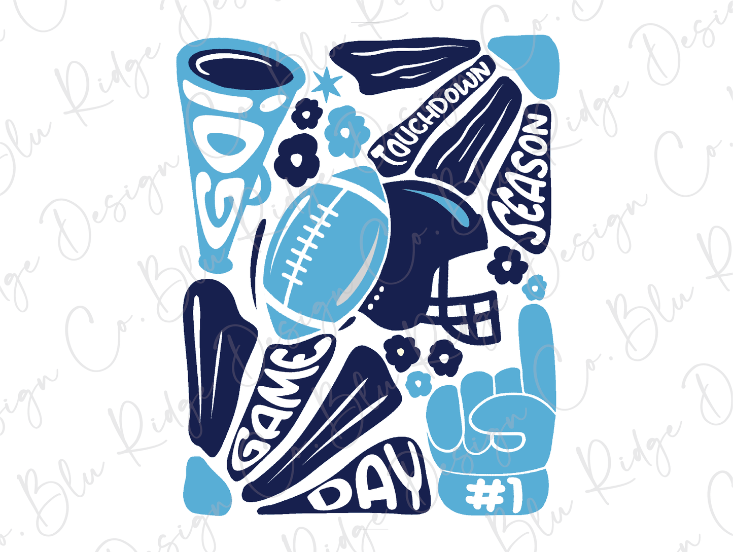 a blue and white sticker with a football and other sports related items